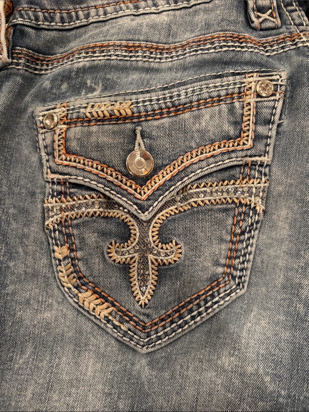 Rock Revival “LUZ” Distressed Boot Cut Light Blue Flare Jeans - Picture 3 of 7
